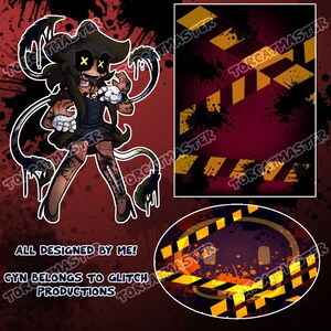 May include: A digital illustration featuring a dark-haired character with yellow X-shaped eyes, wearing a black dress and gloves, surrounded by black ink-like tendrils. Includes a rectangular and oval graphic with yellow and black hazard tape patterns.