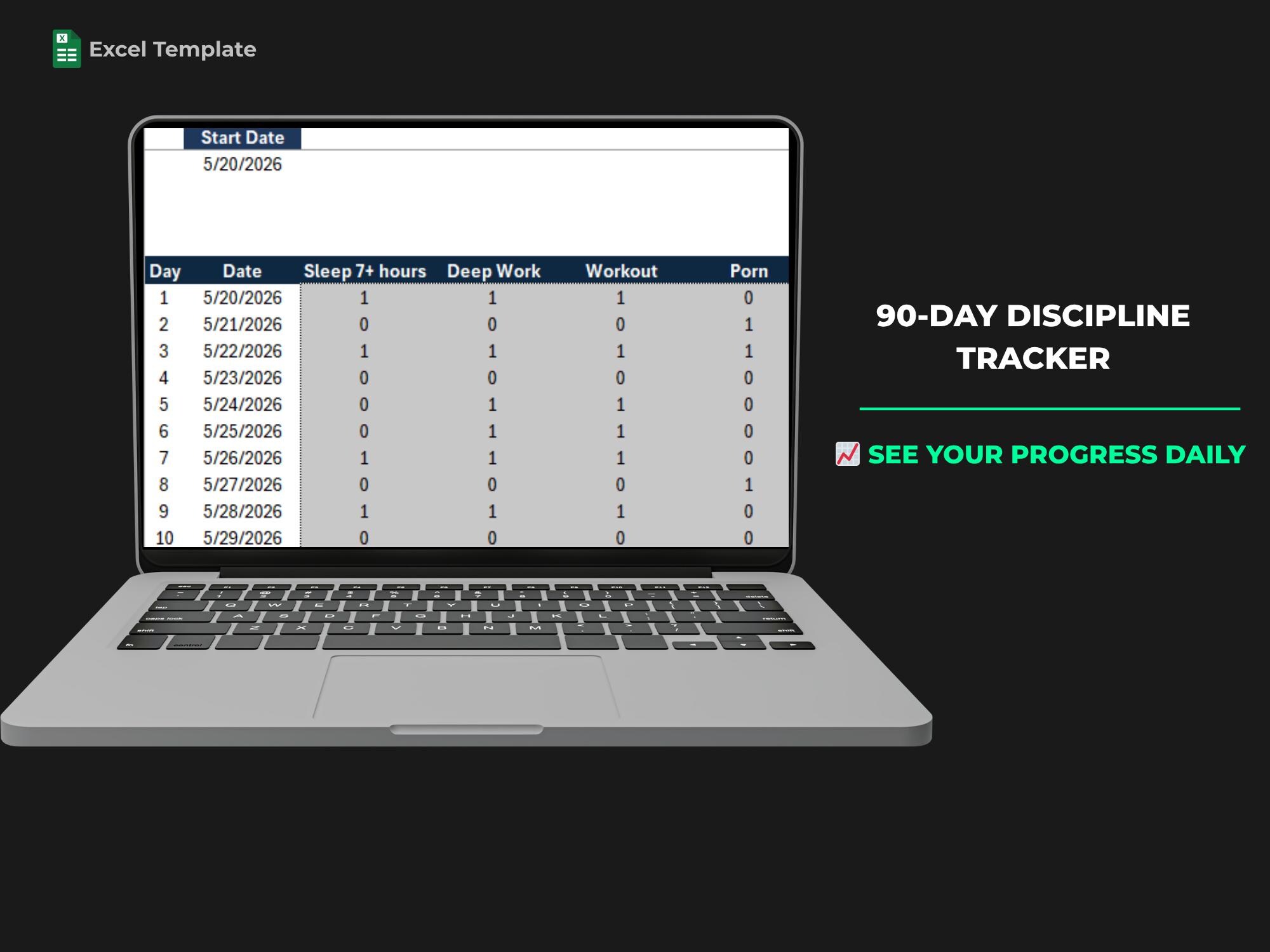 90 Day Discipline Tracker Excel Template | Quit Bad Habits, Build ...