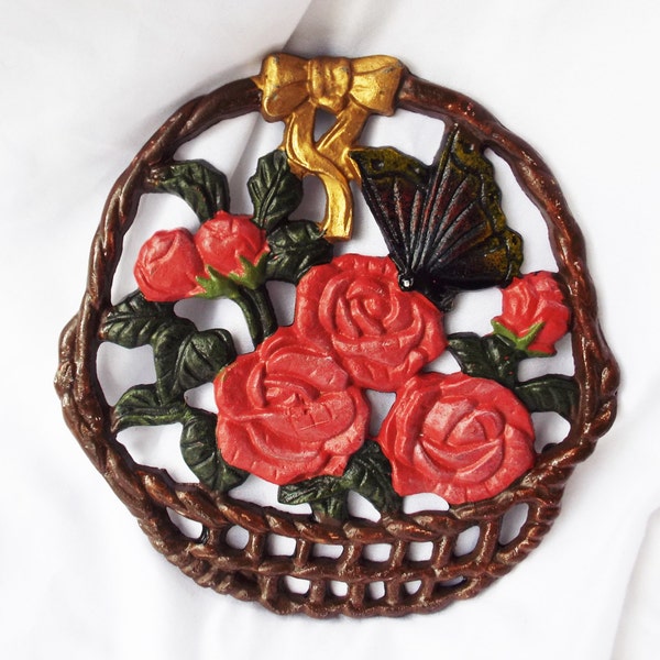 Vintage 1940's Cast Iron Pink Roses in a Woven Basket Trivet with Bow Butterfly Flower Hand Painted