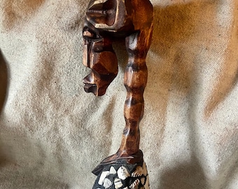 African Anthropomorphic Giraffe Figure from Ghana Inlaid Shell Decor Carved Wood Vintage Ghanan Folk Art