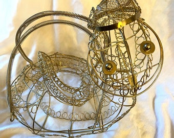 Vintage Gold Metal Wrapped Wire Snake Shaped Egg Basket with Handles Unusual Art Handmade Helmet Hat Viking Serpent