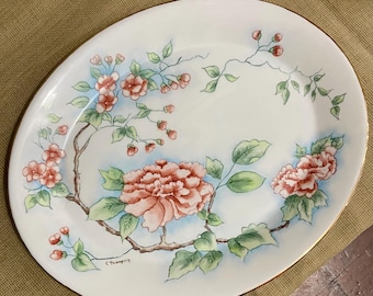 Vintage Dudson Fine China Peony Floral Platter C Thompson Hobbyist Signed Porcelain Dish Pink Blossoms Green Branch Stoke-on-Trent England