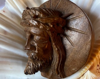 Vintage Crown Of Thorns Jesus Head Face Religious Folk Art Small Wall Plaque Hand Carved Wood