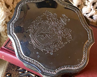 Vintage Dieu et Mon Droit Royal Crest Lion's Claw Feet Silver Plated Lined Jewelry Box Casket Footed French British Crest Dresser Vanity