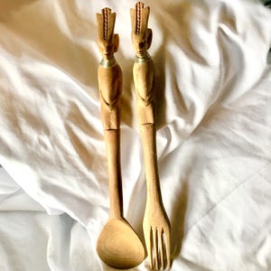 African Salad Tongs Large Hand Carved Wood and Metal Deity Figures Vintage Souvenir