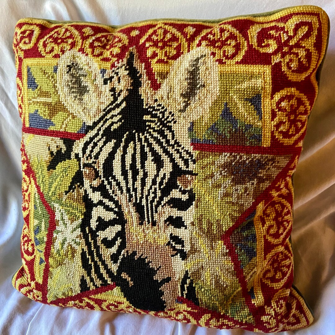 Vintage Zebra Needlepoint Pillow Decorative Green Velvet Etsy
