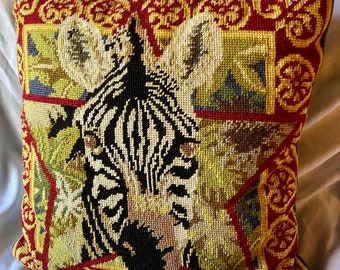 Vintage Zebra Needlepoint Pillow Decorative Green Velvet Tableaux Throw Cushion