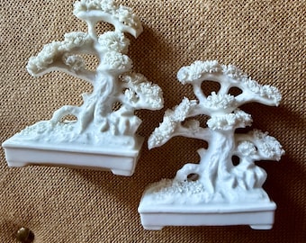 LENWILE ARDALT Pair Bonsai Tree Set White Spaghetti Porcelain Figurines Vintage Japan Mid-Century Hollywood Regency Decor Blanc de Chine