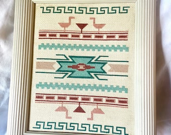 Vintage 1980s Needlework Art Native American Indian Pastel Pink Bird Fiber Artwork Southwestern Turquoise Teal Needlepoint Framed Textile