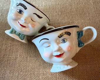 Baileys Vintage Mr & Mrs Yum Winking Face Coffee Mug Set Limited Edition 1996 Pair 2 Cups White Ceramic Porcelain Tea Hot Chocolate Bow Tie