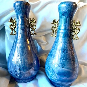 SALE Vintage Chinese Periwinkle Blue Lusterware Vase Pair Set Lustreware Gold Handled