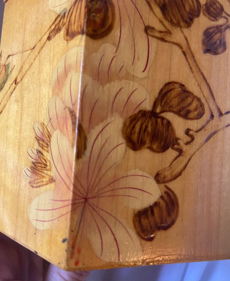 Asian Pyrography Box Six Sided Wooden With Bugs and Flowers - Etsy