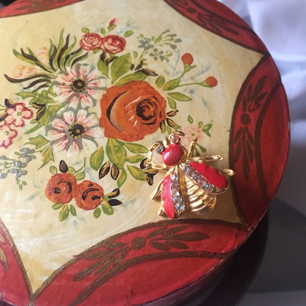 Red Floral Box Vintage Lacquered Wood Hand Painted