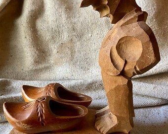 Vintage Dutch Boy Shoe Carved Figurine Wooden Shoes Handmade Folk Art