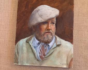 Vintage French Portrait Oil Painting Canvas 14 x 11 Signed M GRIFFIN Original Wall Art Blonde Man Beret Realist Blue Eyes Bearded Detailed