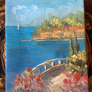 Vintage Original Art Mediterranean Painting Architecture Textured Artwork Seascape Island Terrace Unsigned Souvenir 8 x 10 Canvas