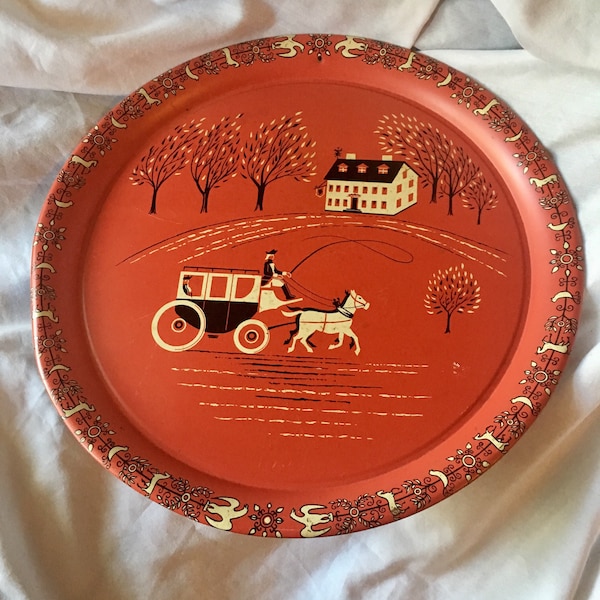 Vintage Colonial Coach and Inn Tin Serving Tray Large Red Bordered
