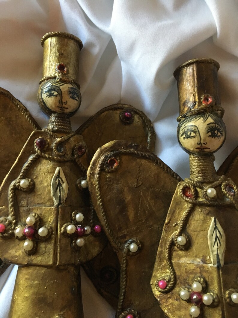 Vintage Mexican Folk Art Angel Candle Holders Signed Abelardo Etsy