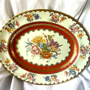 Daher Tin Bowl Vintage Oval Floral Design Red White Bouquet Pattern England