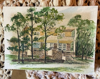 Vintage House Watercolor Signed Pam Christie Original Art Painting Architecture Artwork Yellow 80s