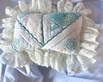 Embroidered Boudoir Pillow Vintage Crochet and Patchwork Lace Trimmed