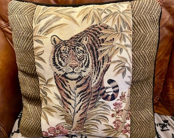 Vintage Ashford Court Asian Tiger Tapestry Bamboo Pink Blossom Floral Throw Pillow Large Cushion Woven Border 19” Square Hollywood Regency