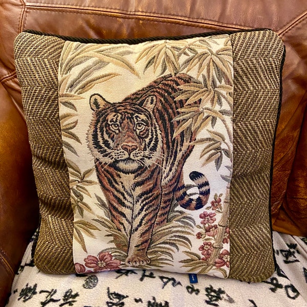 Vintage Ashford Court Asian Tiger Tapestry Bamboo Pink Blossom Floral Throw Pillow Large Cushion Woven Border 19” Square Hollywood Regency