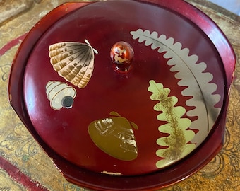 Vintage Japanese Red Lacquer Lidded Box Hand Painted Sea Shells Seashore Kelp Midcentury Lacquered Wood Mother of Pearl Inlay