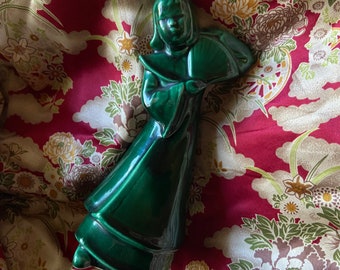 Vintage Asian Figurine Emerald Green Glaze Kleine Pottery Girl with Fan Signed 1949