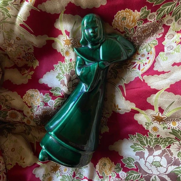 Vintage Asian Figurine Emerald Green Glaze Kleine Pottery Girl with Fan Signed 1949