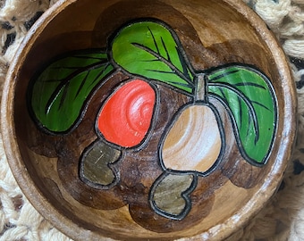 Vintage Cashew Tree Fruit Folk Art Signed Pottery Bowl Carved Handmade Painted Clay Dish