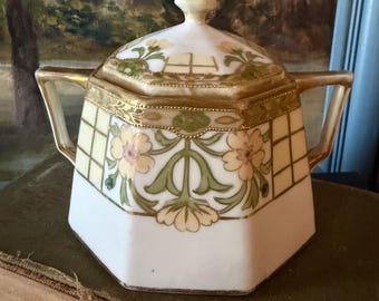 Antique Nippon Hand Painted Octagonal Sugar Bowl Lidded Gold Moriage Japan Art Nouveau Floral Lattice Design Morimura Brothers Noritake VTG