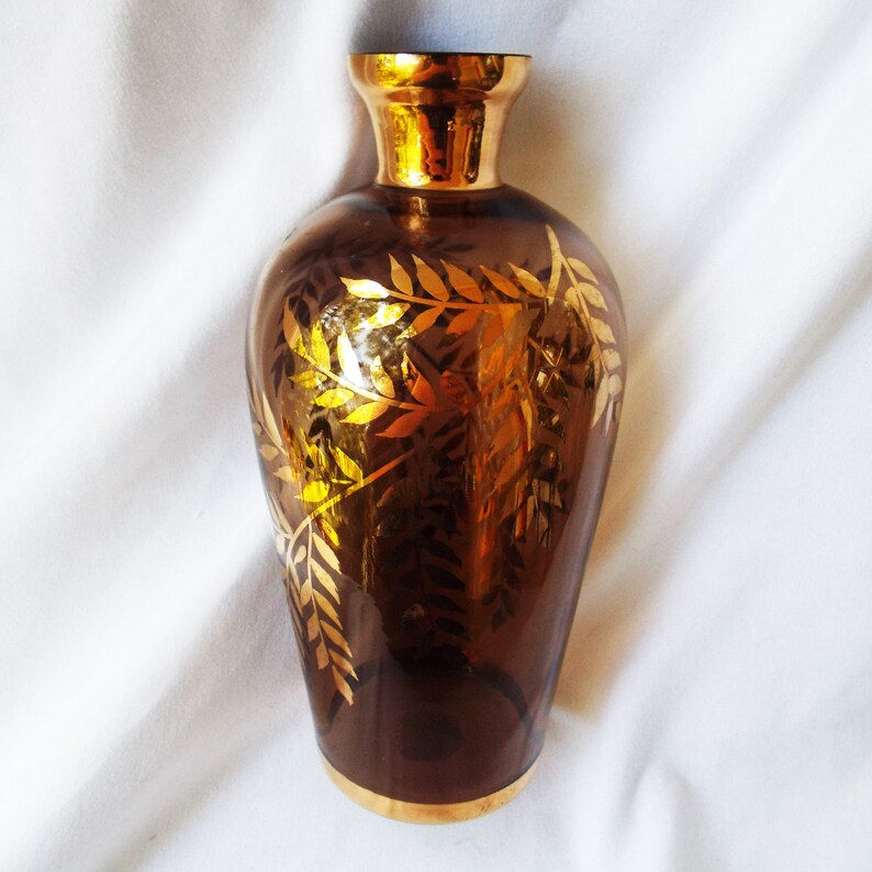 Vintage Czechoslovakian Smoked Glass Vase with Gold ...