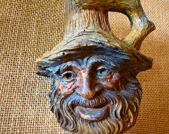 Vintage Carved Wood Figural Decanter Bottle German Folk Art Old Man Face Black Forest Wizard Carving Jug Woodland Spirit Figurine Tree Bark
