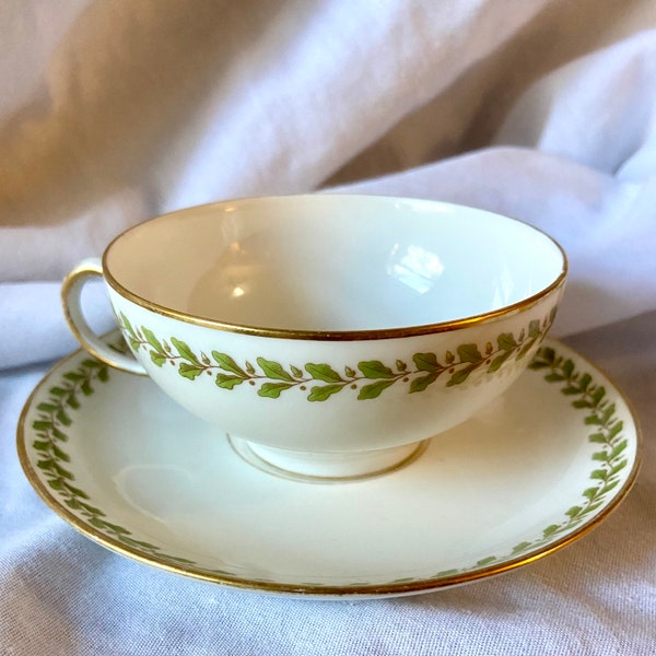 Antique William Guerin WG & Co Limoges France Tea Cup and Saucer Green Oak Leaf Acorn Garland Pattern White Bone China French Imperial Set