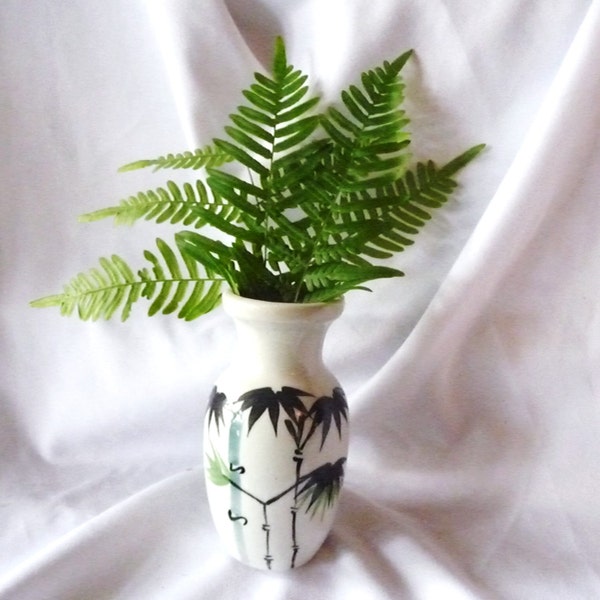 Vintage Asian Vase with Green and Black Hand Painted Bamboo Motif