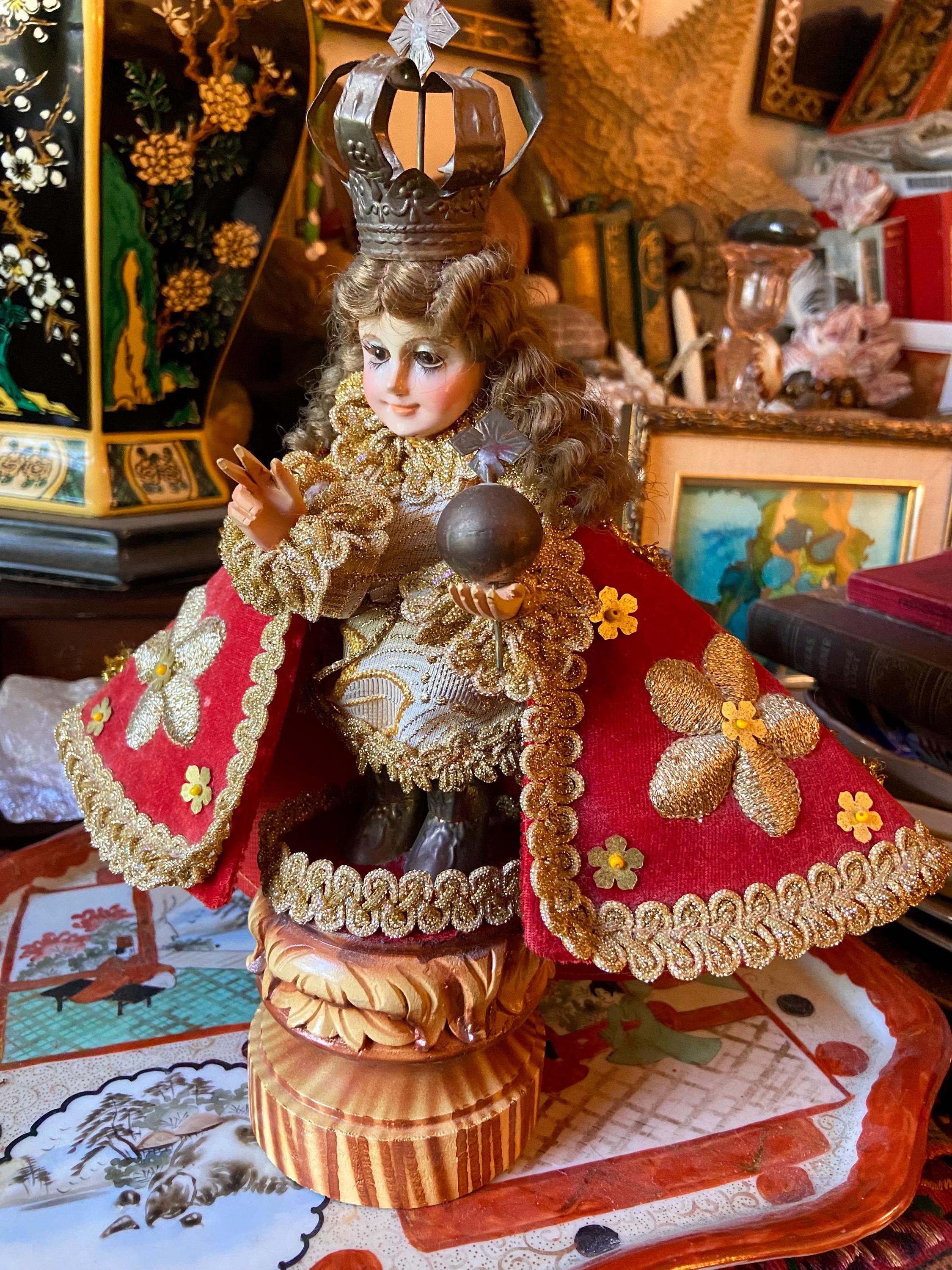 Antique Infant of Prague Santo Nino Doll Statue Carved Wood Base