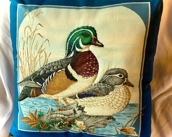 Vintage Wood Duck Pillow Square Handsewn Quilted Decorative Cushion Male Female Bird Pair Waterfowl