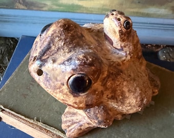 Frog and Baby Kaeru Toad Figurine Statue Rough Finish Shigaraki Ware Vintage Japanese Pottery Okimono Showa Era Japan Art Indoor Outdoor