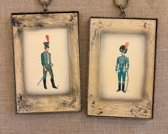 Vintage LIASA Spain Tile Soldier Wall Art Pair Metal Frames Mid Century Green Uniforms Napoleonic Spanish French Regalia Print Portrait Set