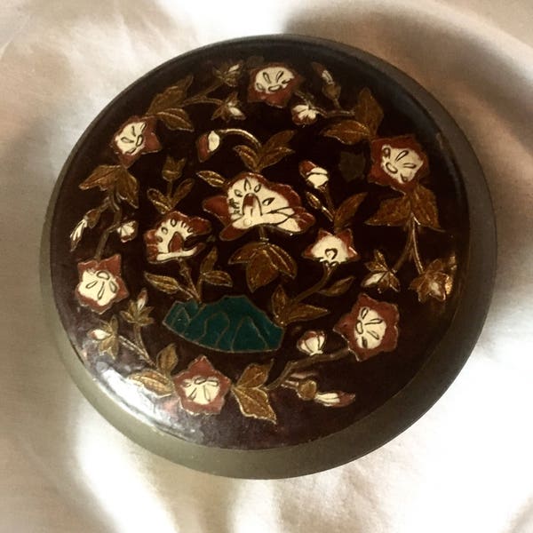 Old Asian Decorative Round Brass Box with Enamel Floral Motif