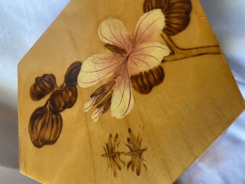 Asian Pyrography Box Six Sided Wooden With Bugs and Flowers - Etsy