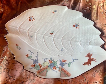 Vintage Lenox Smithsonian Meissen Reproduction Flying Squirrel Leaf Tray Platter Plate Japanese Ainu Asian Floral Design Textured Patterned