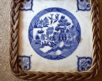 Vintage English Pilkington Blue Willow 6 Inch Square Ceramic Tile Circa 1900 Wicker Framed Trivet Wall Art Antique Victorian Kitchen Decor