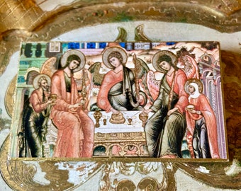 Vintage Gilt Ospitalità di Abramo Opera d'arte Arte bizantina Stampa icona greca religiosa