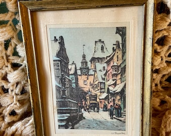 Vintage WILLI FOERSTER Christmas Scene in Old Germany Cityscape German Print On Silk Fabric Signed Framed Old City Street Architecture