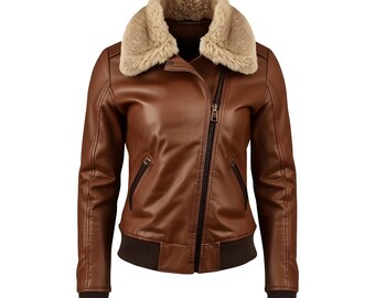 Women's Genuine Leather Bomber Jacket Shearling Fur Collar Asymmetric Zip Winter