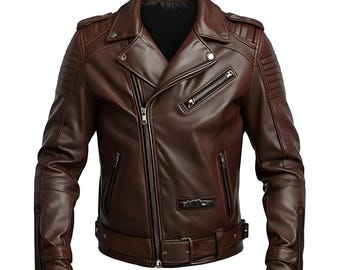 Men's Brown Biker Leather Jacket Classic Motorcycle Slim Fit Vintage Style Coat
