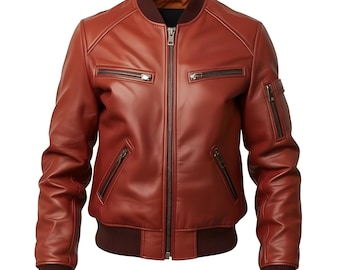 Men's Brown Leather Bomber Jacket | Ribbed Collar Biker Coat Style