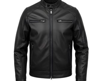 Men's Black Genuine Leather Cafe Racer Jacket Band Collar Slim Fit Moto